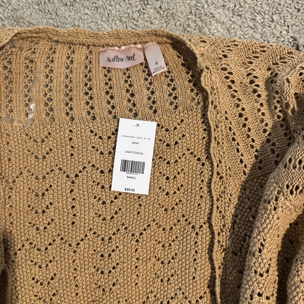 Tan Open-Knit Cardigan with Cable Detailing